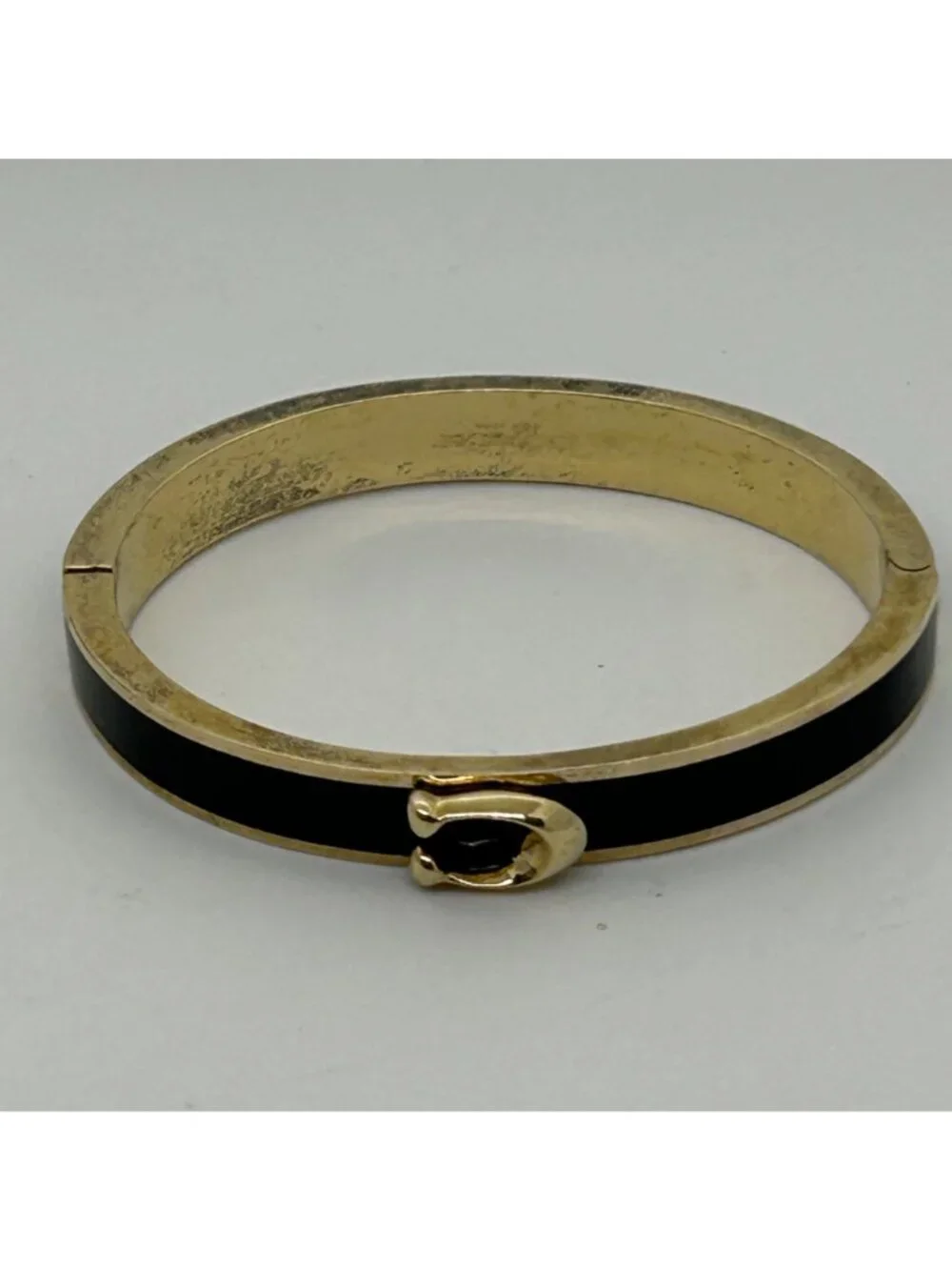 Coach Gold-Tone Black Bracelet Enamel Signature C Logo Hinged Bangle 6 3/4 in.